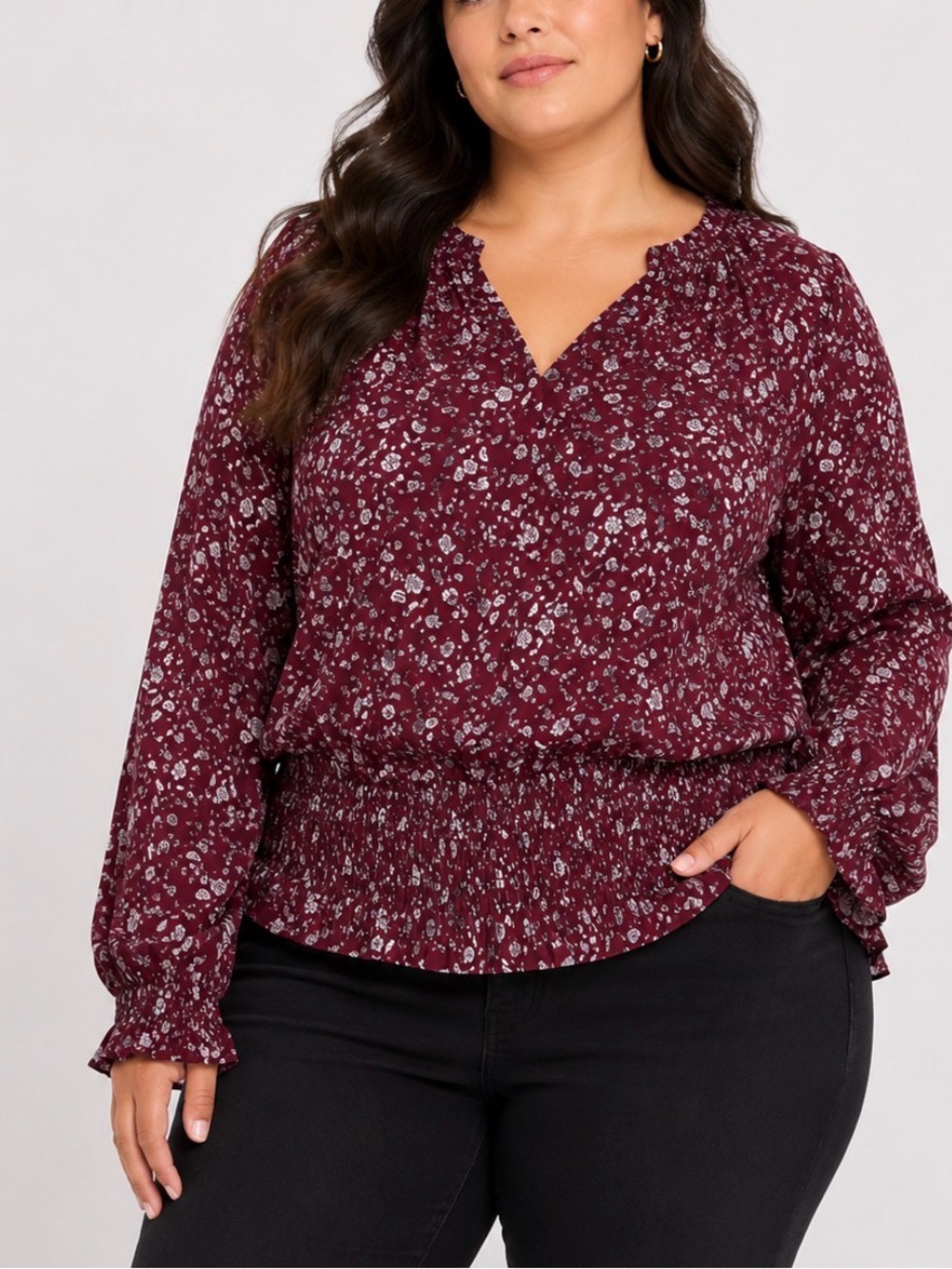 Kaileigh top Floral V-Neck Smocked Hem Blouse - Burgundy smocked wrap SZ XL